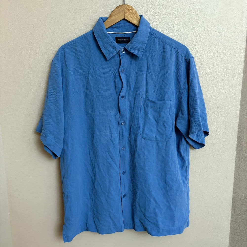 Linea Rosso Signature Prada Button Down Shirt Large Blue 100% Silk Short Sleeve